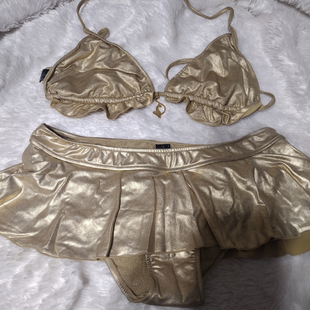 BABY PHAT VINTAGE Gold Bikini Set with Skirt/Triangle Bikini With Skirt Type/SZL